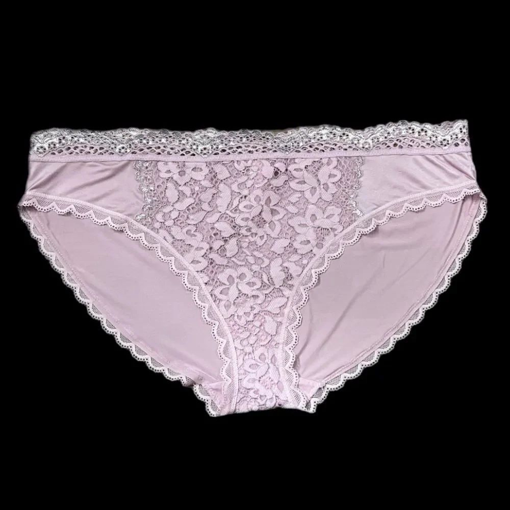 Victorias Secret Body Supersoft Satiny Metallic Lace front Bikini panty Lilac XL